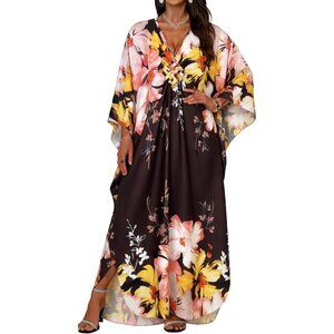 Womens Pink Yellow Floral V-Neck Batwing Sleeves Smocked Waist Maxi Kaftan Dress